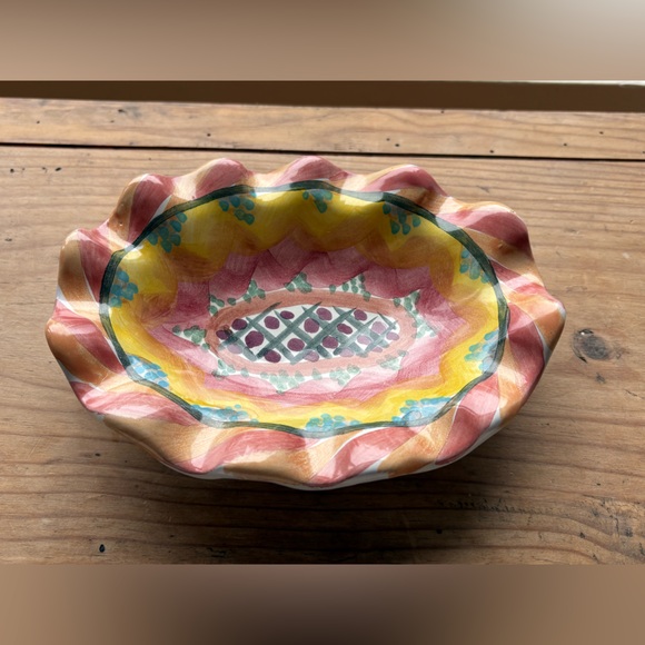 MacKenzie-Childs Pink and Yellow Ruffled Ceramic Trinket Dish - Picture 5 of 14